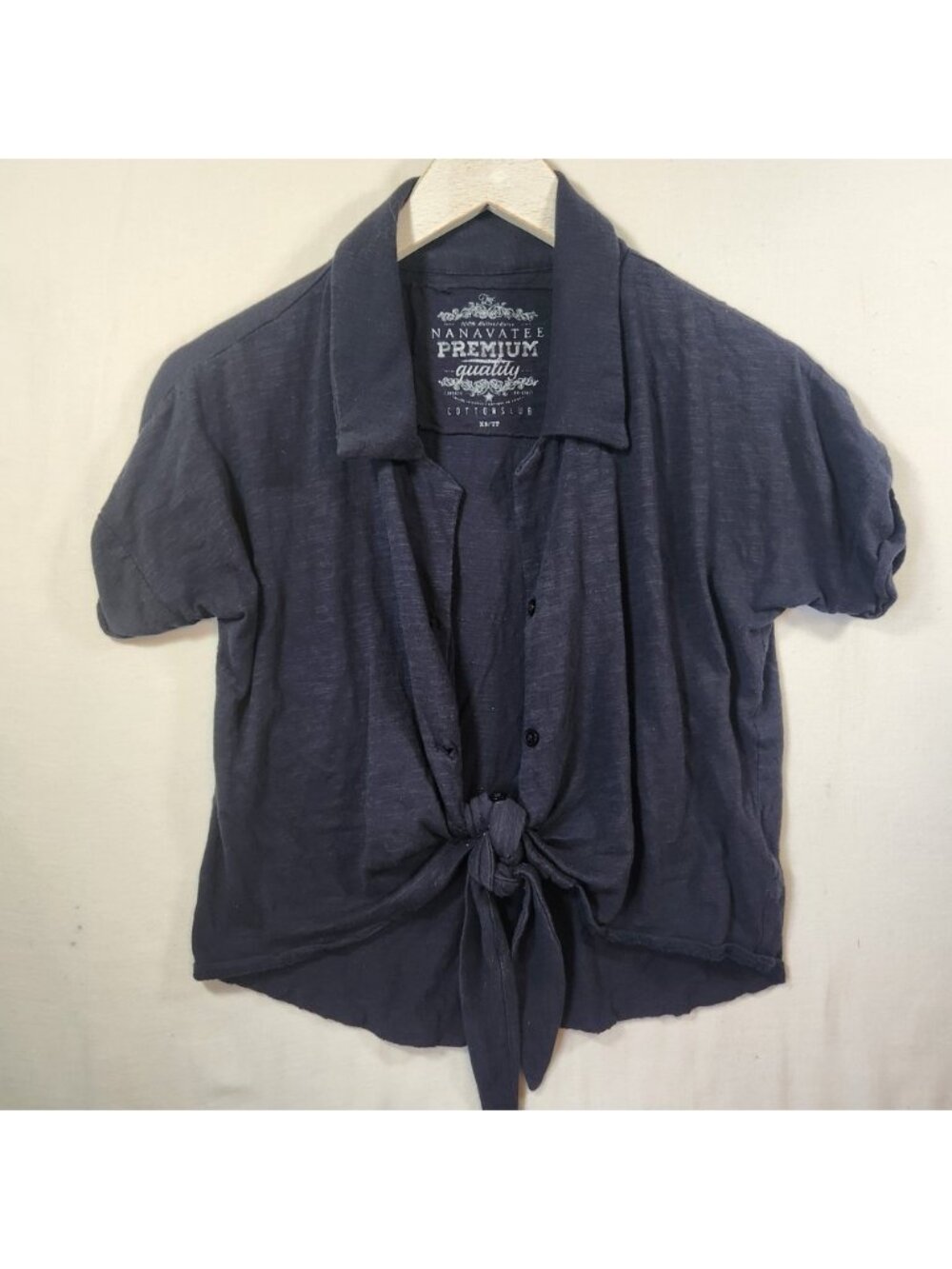 Nanavatee Premium Quality Navy Blue Cotton Slub Front Tie Short Sleeve Top XS